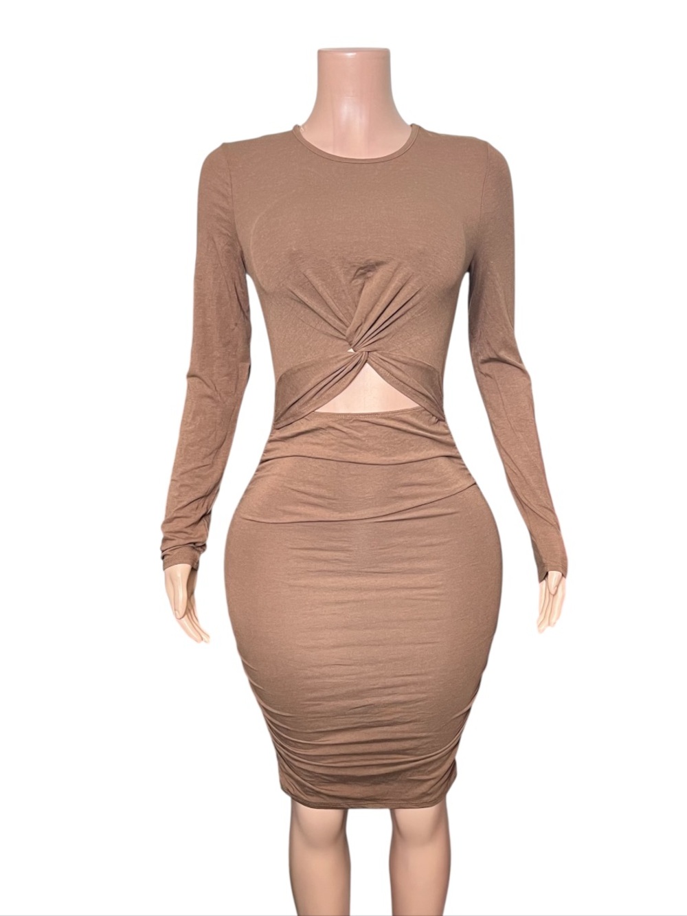 Twist Front Long Sleeve Bodycon Dress in Brown